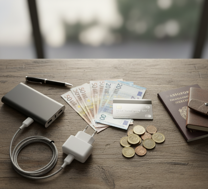 이탈리아 여행 체크리스트 필수 항목인 유로화 현금과 해외 사용 가능한 신용카드를 표현한 일러스트