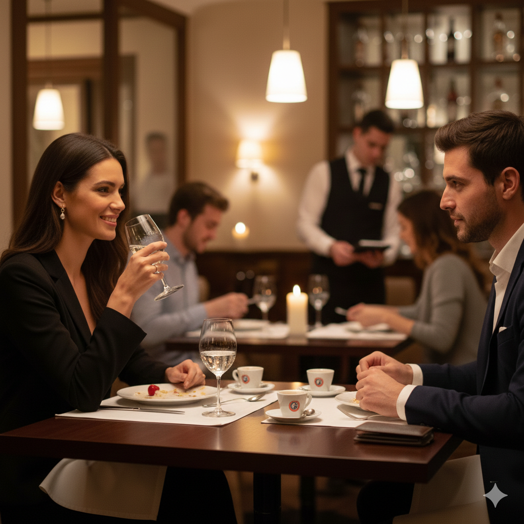 디저트 식사를 마친 후 결제를 기다리고 있는 모습