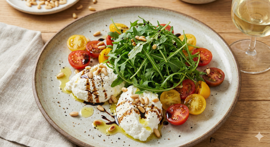 와일드루꼴라, 리코타치즈,토마토가 곁들여진 샐러드