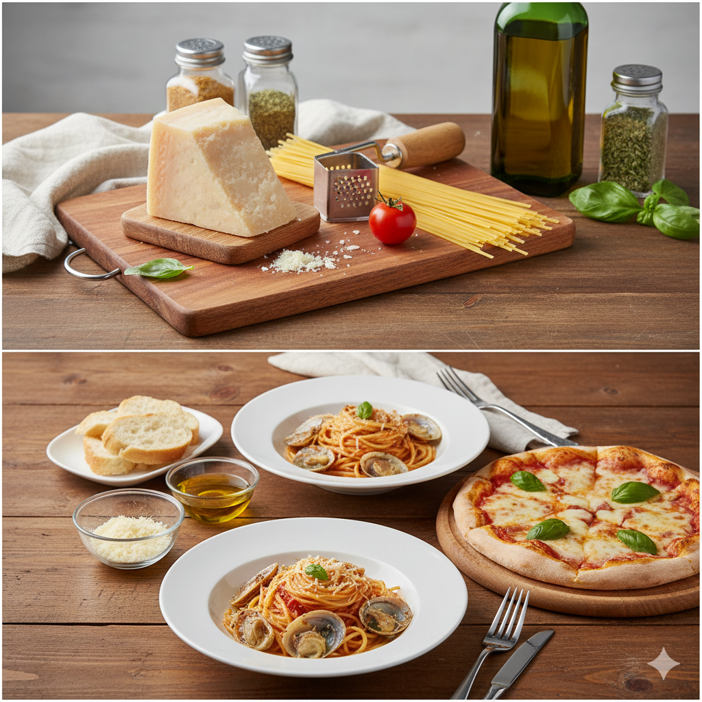 집에서 만든 봉골레 파스타와 마르게리타 피자가 차려진 홈 테이블 세팅