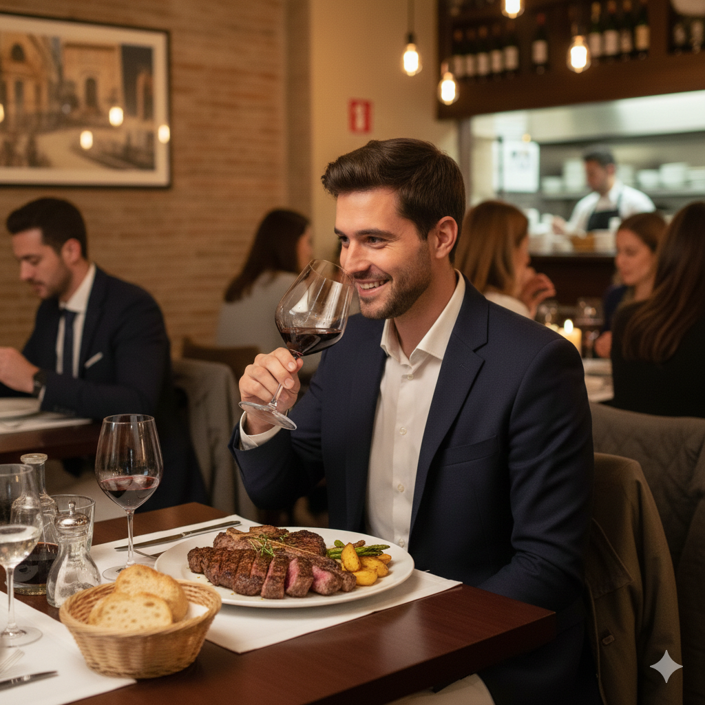 enjoying second dish with red wine in restaurant in italy