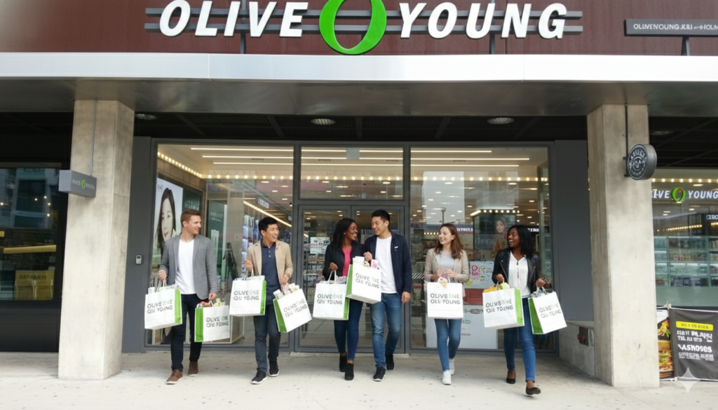 tourists visiting oliveyoung store for shopping (cosmetics, healthcare, welbeing products)