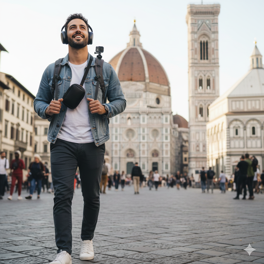 이탈리아 여랭 준비 필수품을 챙겨서 피렌체에 도착한 관광객
