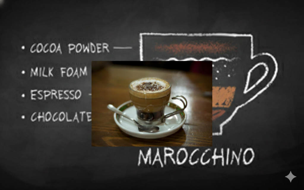 작은 유리잔에 담긴 진한 코코아 파우더, 에스프레소, 우유 거품 층이 보이는 모로키노(Marocchino) 커피.