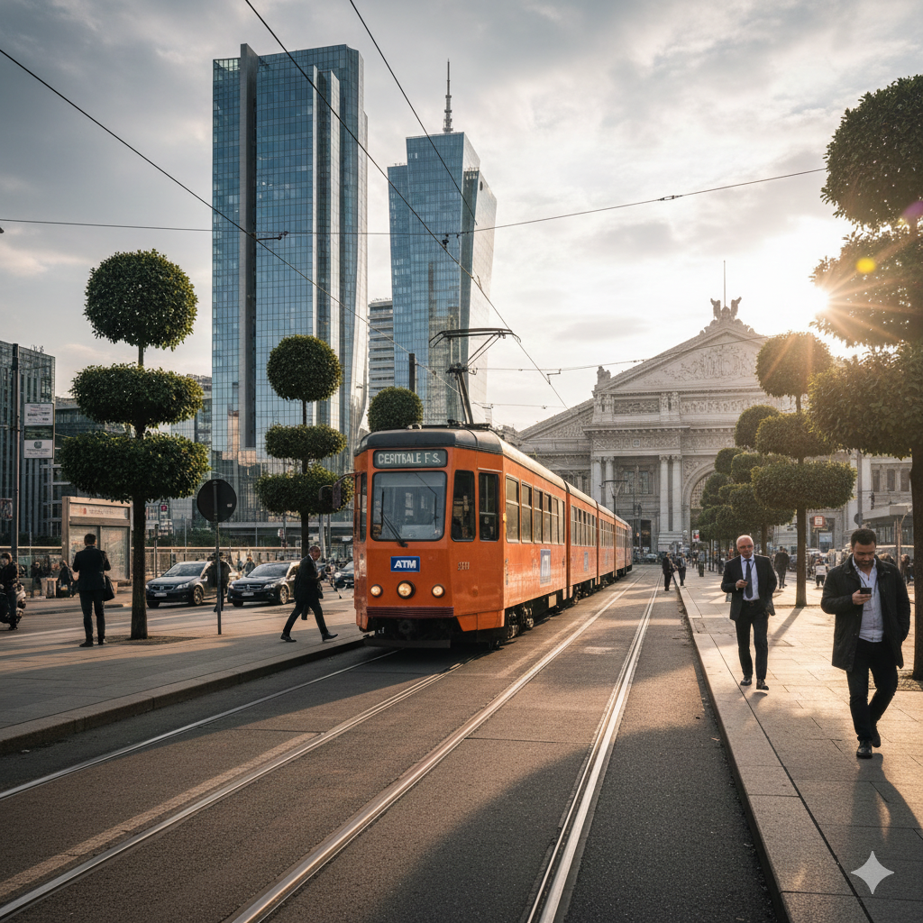 밀라노 교통 지역 중앙역 근처 트램과 현대식 건물이 함께 있는 전경