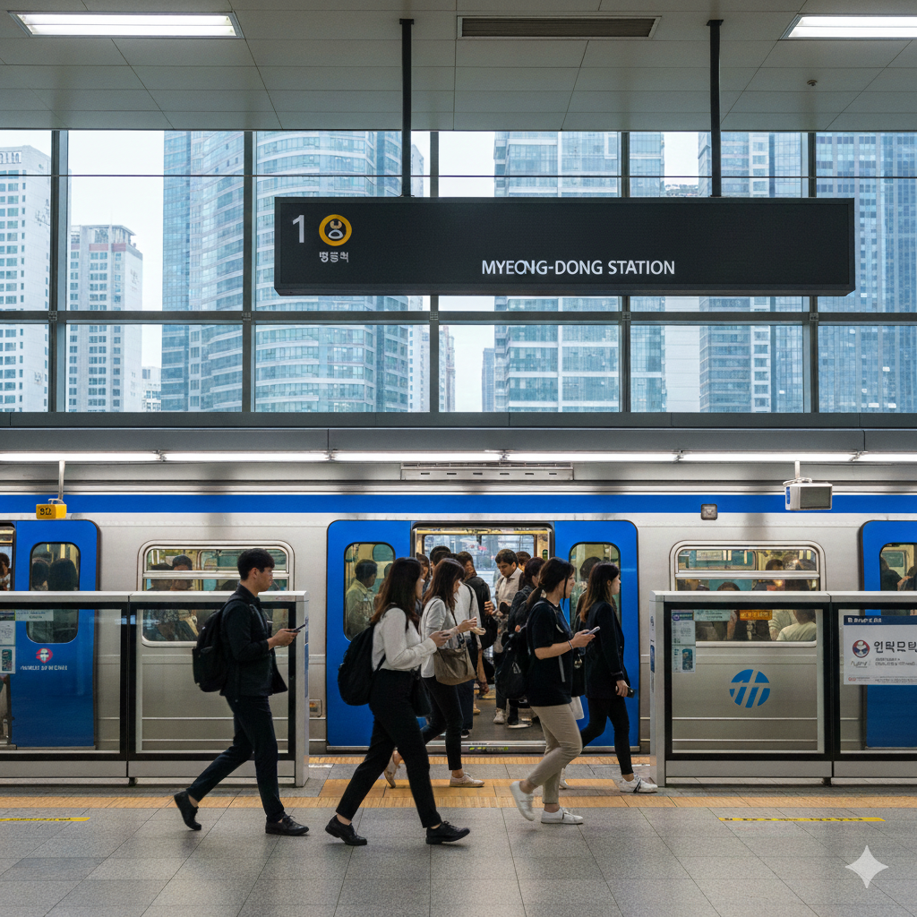 La metropolitana ferma alla stazione di Myeongdong.
