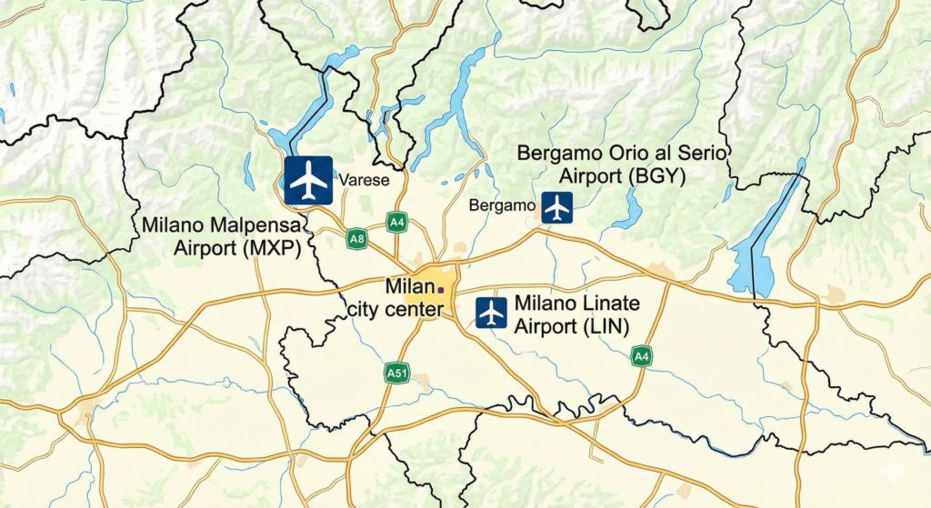 이탈리아 밀라노 근처 공항, 말펜사, 리나뗴, 베르가도 공항의 위치가 표시된 지도