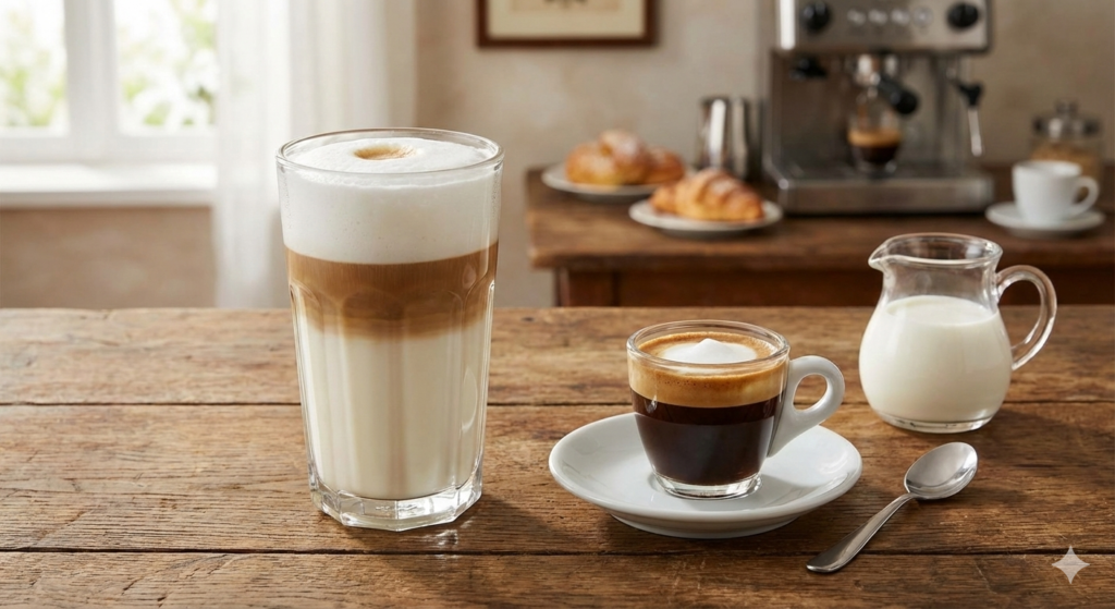 라뗴 마끼아또 vs 카페 마끼아또의 차이점을 보기위한 일러스트