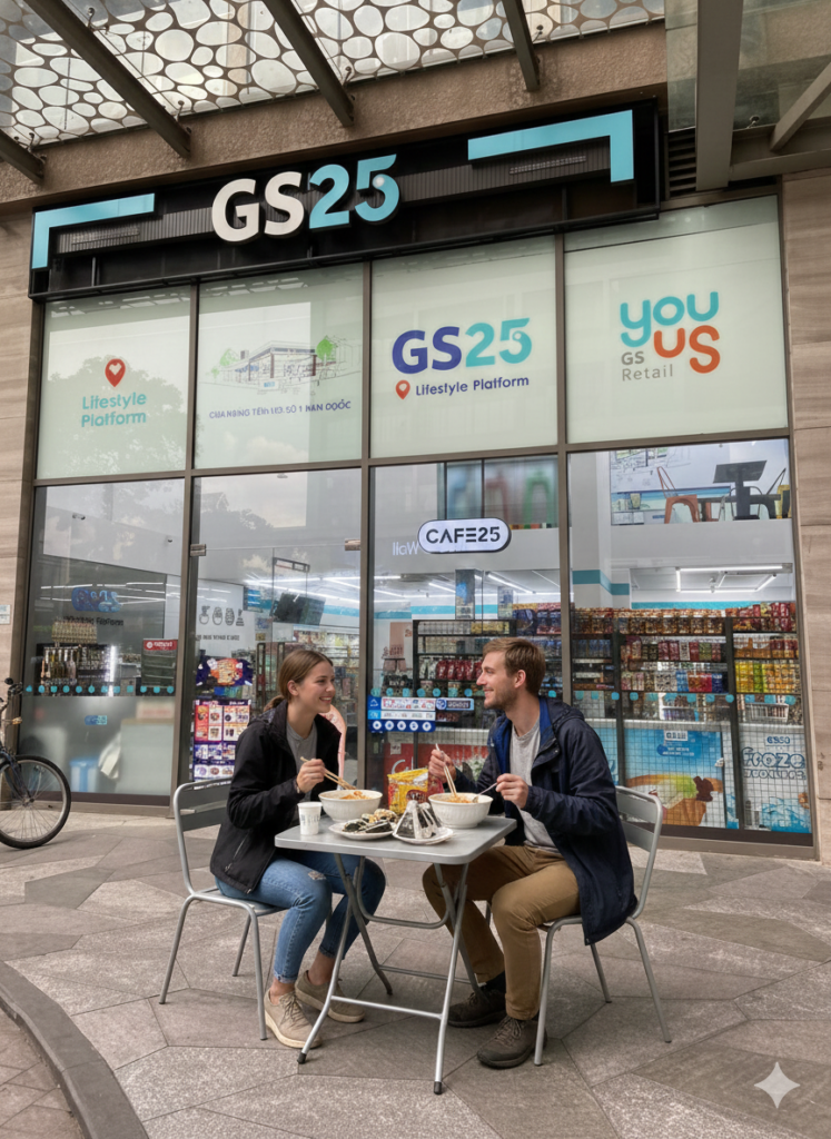 a tourist couple having a ramyeon and kimbab in front of GS convinience store.