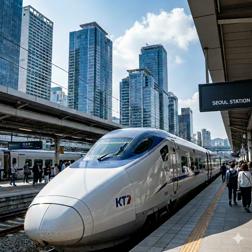 Treno ad alta velocità KTX nella stazione di Seoul con sfondo di moderni grattacieli.