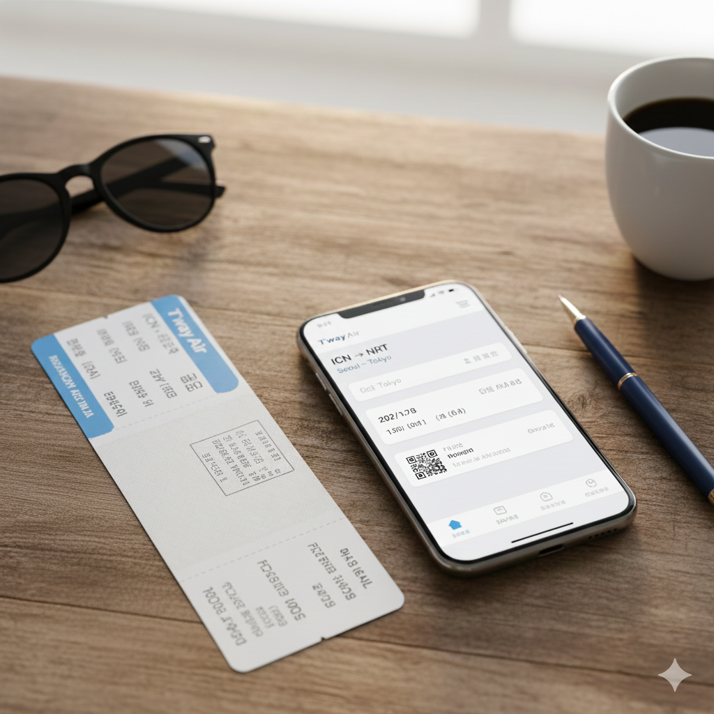Foto di un passaporto e biglietti aerei accanto allo schermo di uno smartphone che mostra un'app di prenotazione voli