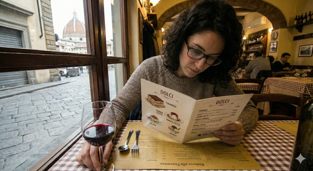 after second, a woman is checking desert menu