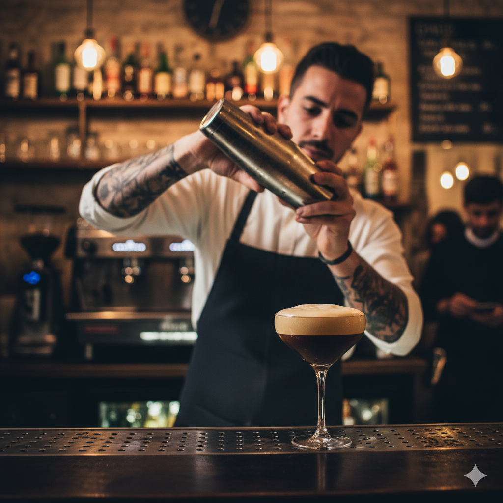 바리스타가 셰이커에 에스프레소와 얼음을 넣고 샤케라토를 만드는 모습.