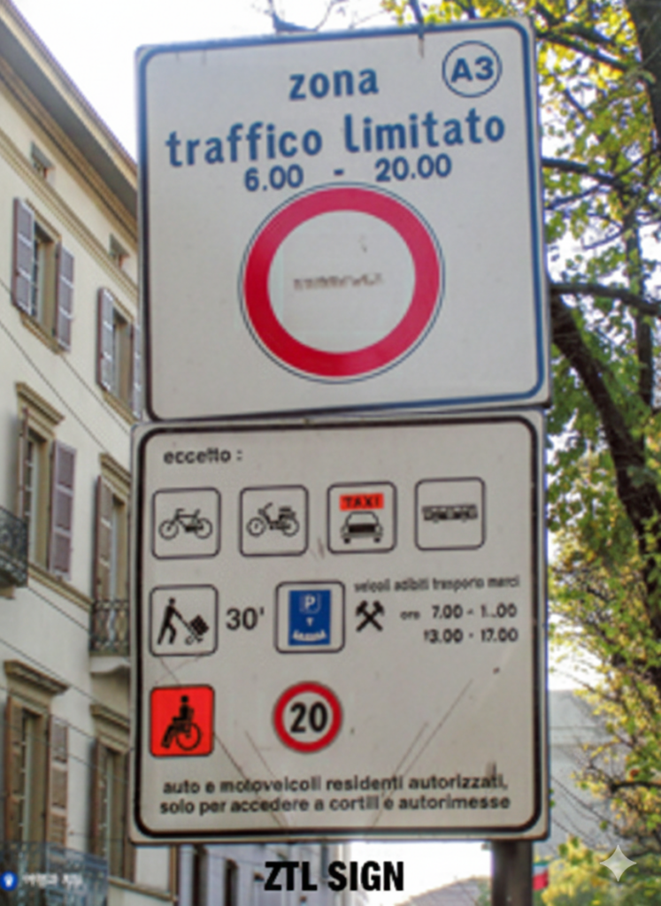 이탈리아 구시가지 좁은 도로에 설치된 통행 제한 구역(ZTL) 표지판.