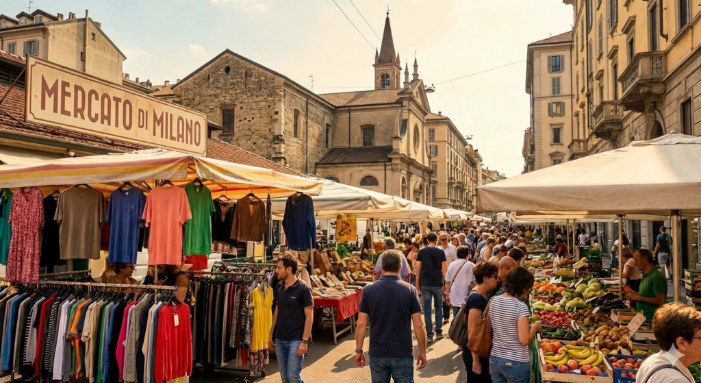 이탈리아 밀라노 3대 스트리트 마켓에서 쇼핑하는 사람들의 모습을 그린 일러스트