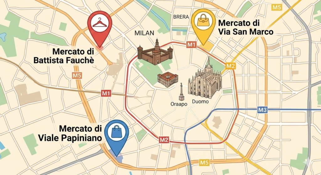 밀라노 3대 스트리트 마켓이 열리는 위치가 보이는 지도