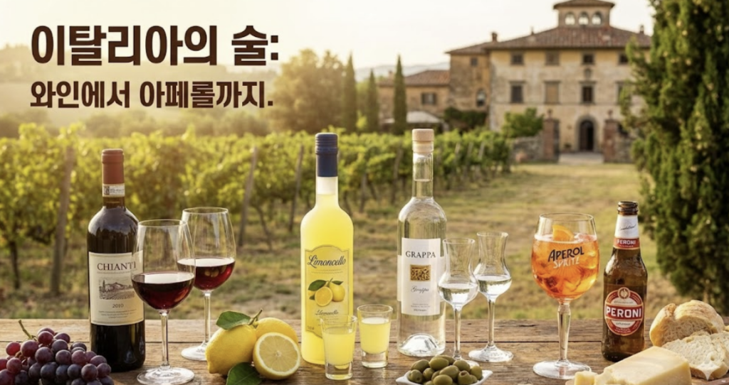 이탈리에서 마시는 다양한 술 종류, 와인 레몬첼로, 아페롤, 그라파를 보여주는 일러스트