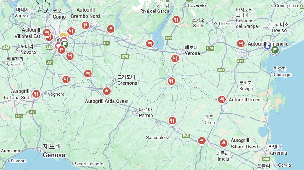 이탈리아 고속도로 autogrill 의 위치를 보여주는 지도