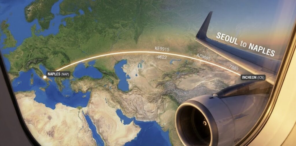 이탈리아 남부 나폴리 한국 서울 인천을 이어주는 항공노선을 묘사한 일러스트