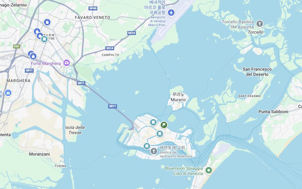 베네치아 메스트레, 마르코폴로 공항, 베네치아본섬의 모습이 한눈에 보이는 지도.