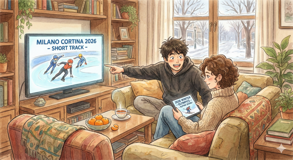 한국 이탈리아 국제부부가 2026동계올림픽을 보고있는 모습을 표현한 일러스트